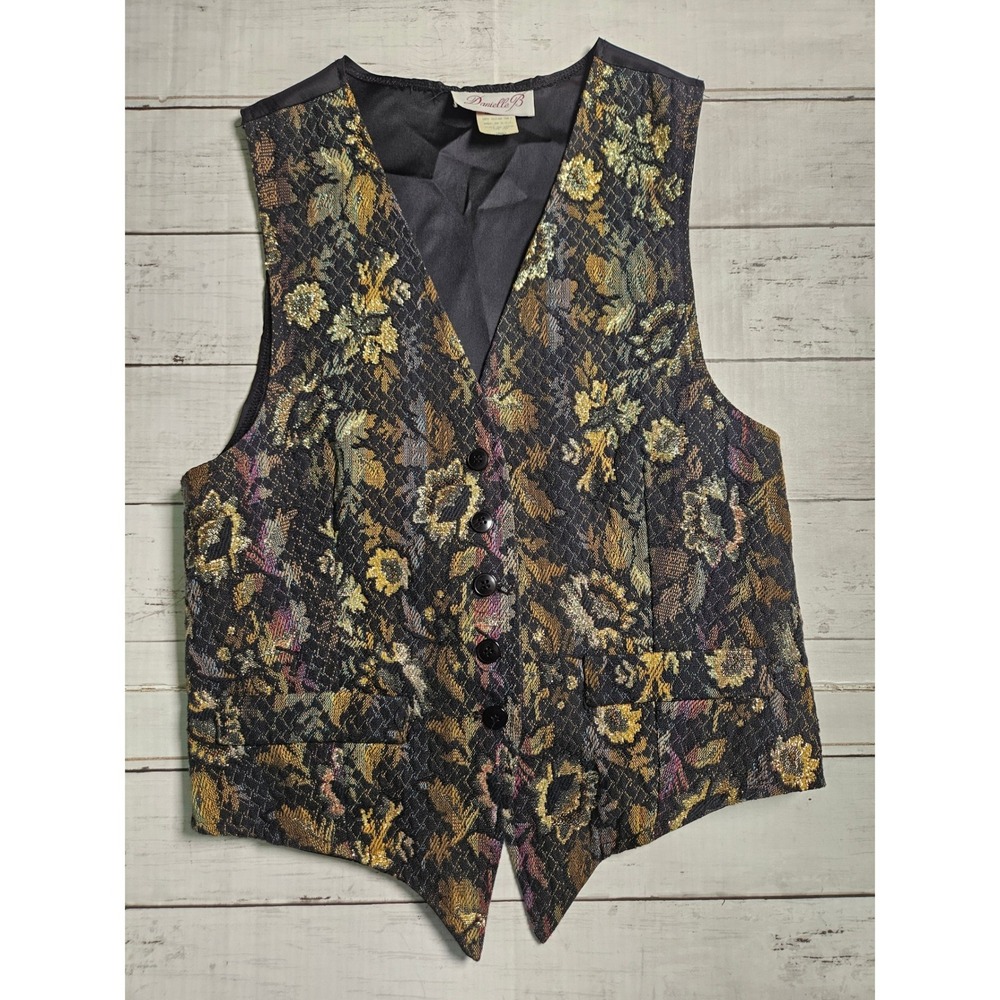 Danielle B Vintage Floral Tapestry Vest Metallic Gold Brocade Black Small USA